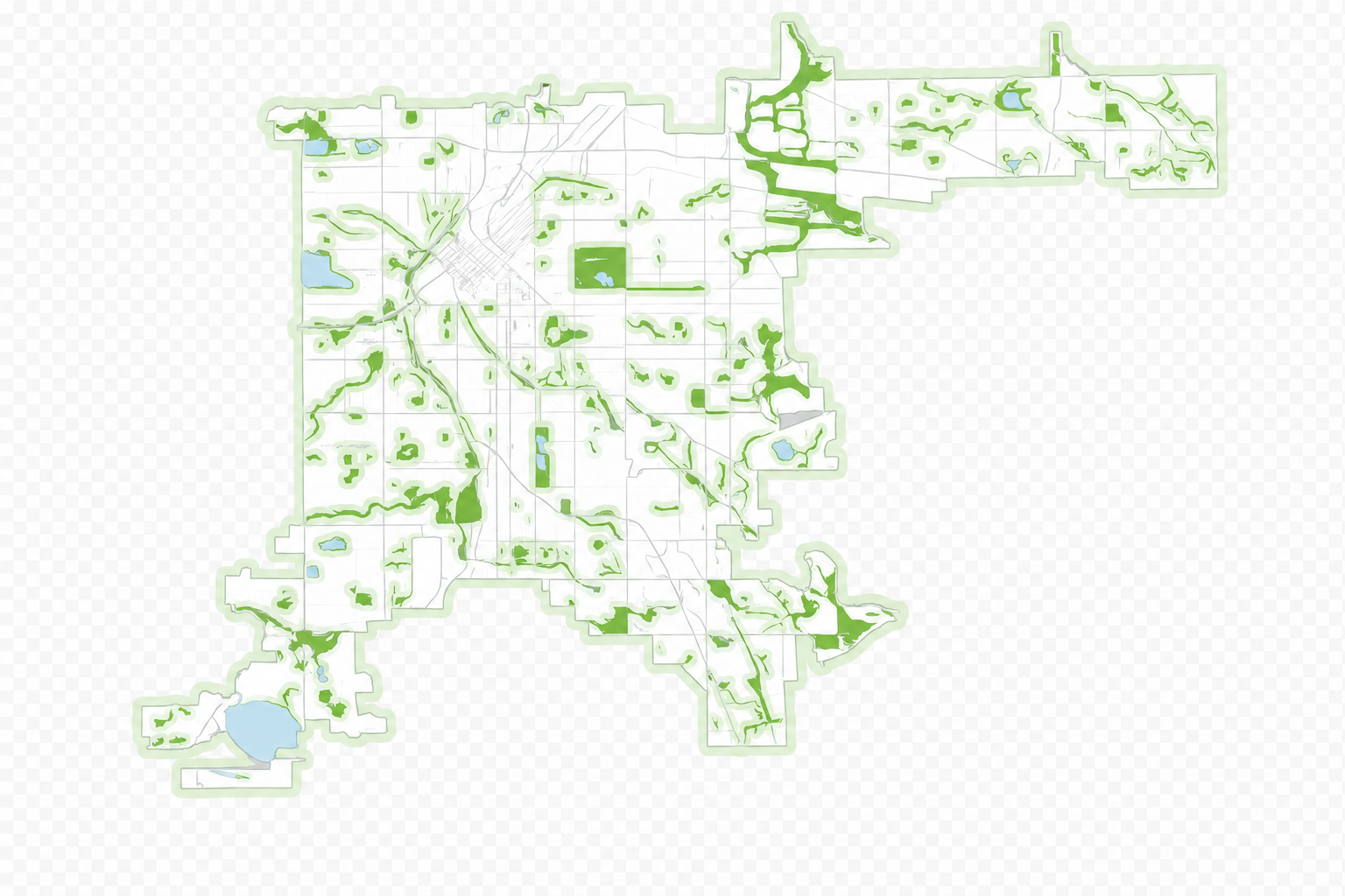 Map of Denver highlighting areas within a 5-minute walk of a park in green