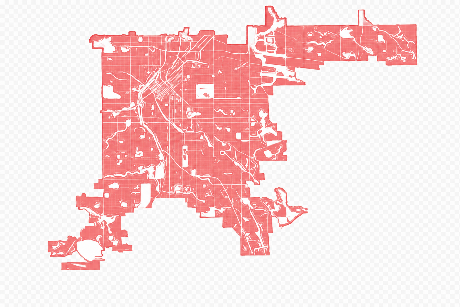 Map of Denver highlighting areas not within a 5-minute walk of a park in red