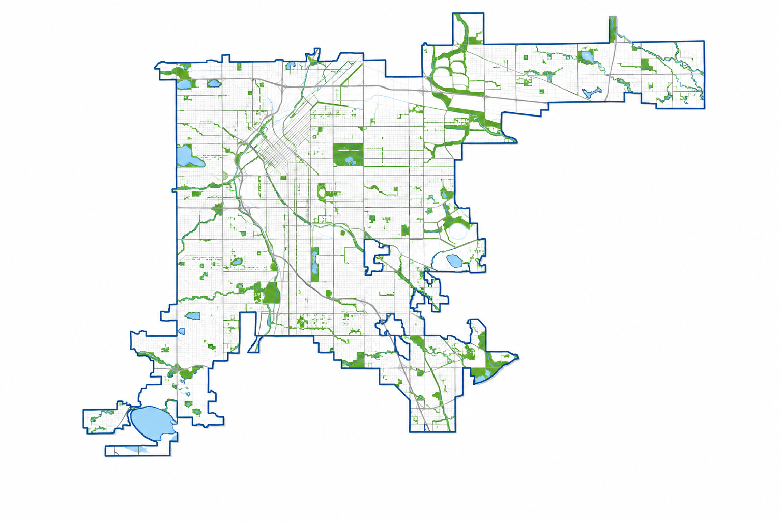 Map of Denver as one connected whole, greenspace highlighted