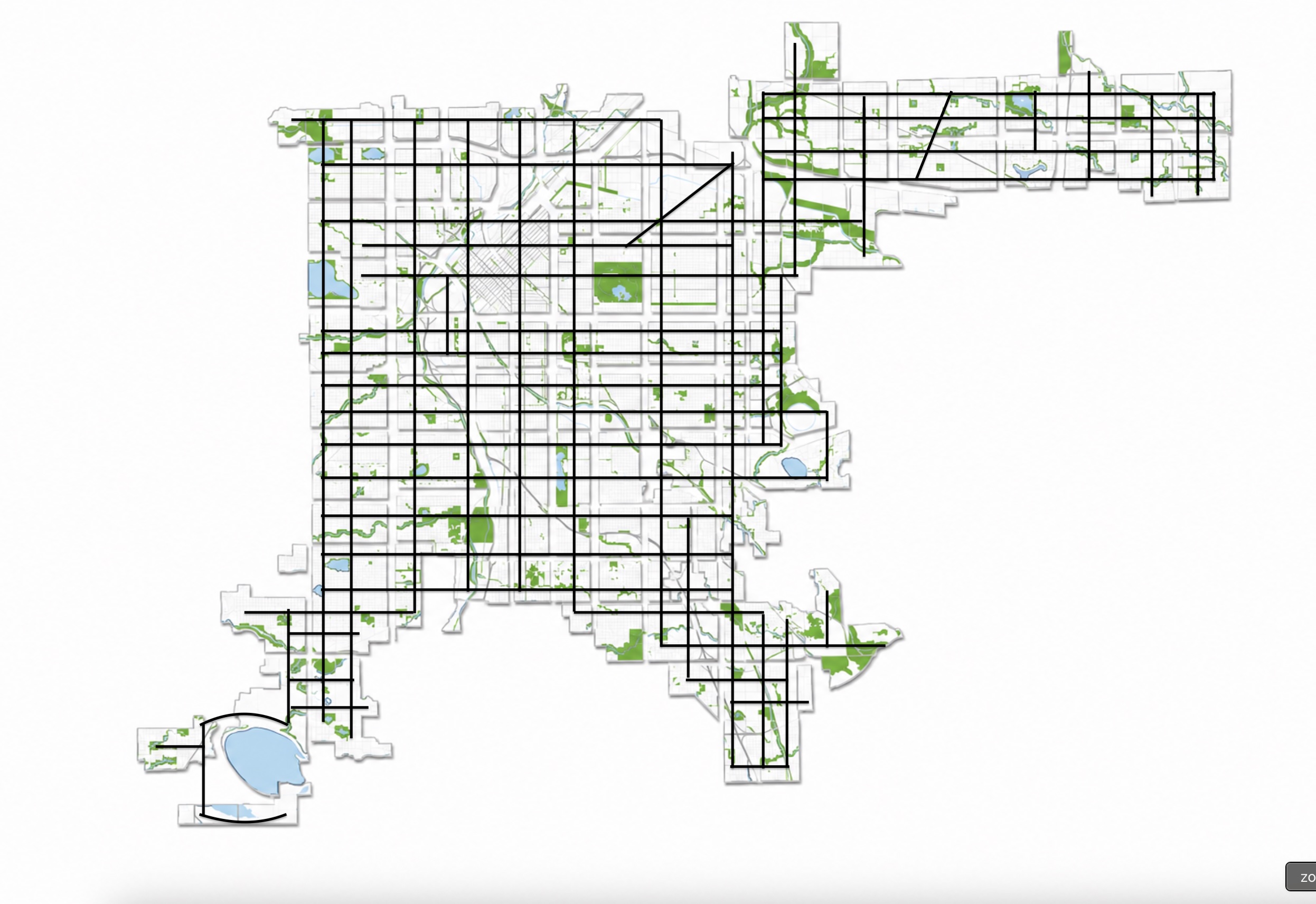 The exploded islands with a black grid overlay showing the roads that divide them