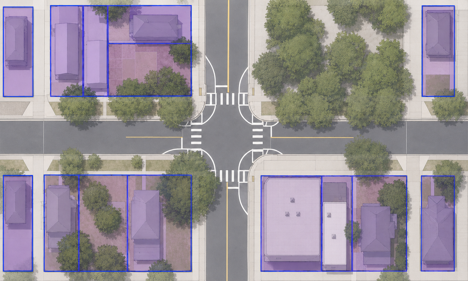 Aerial view of a Denver intersection with private parcels highlighted in purple