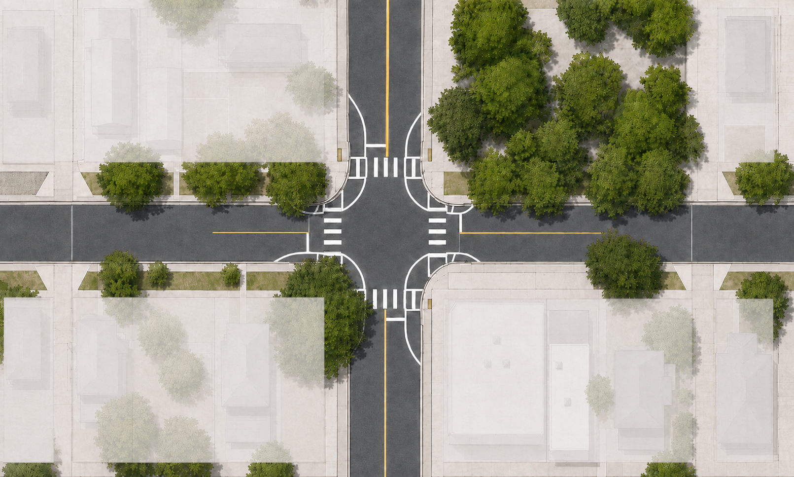 The same aerial view with private parcels faded, showing only the public right-of-way
